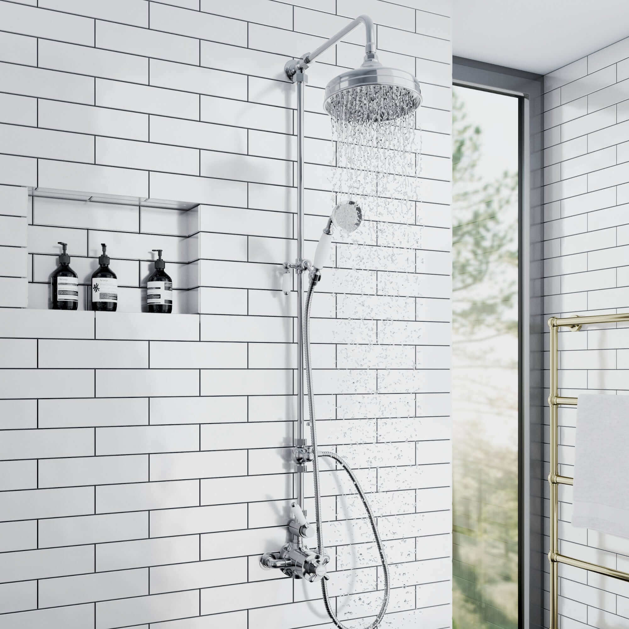 Buy Downton Exposed Traditional Thermostatic Shower Set 2 Outlet Incl. Twin Shower Valve With Diverter, Rigid Riser Rail, 200mm Shower Head & Ceramic Handset - Chrome Online UK | HOUSE OF ENKI